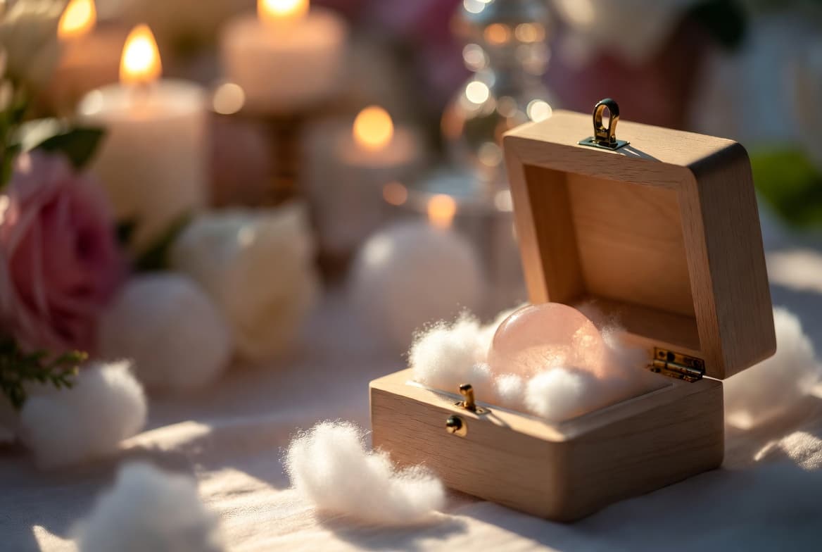 Offene Holzbox mit Murmel in weicher weißer Wolkenfüllung, warmes romantisches Licht