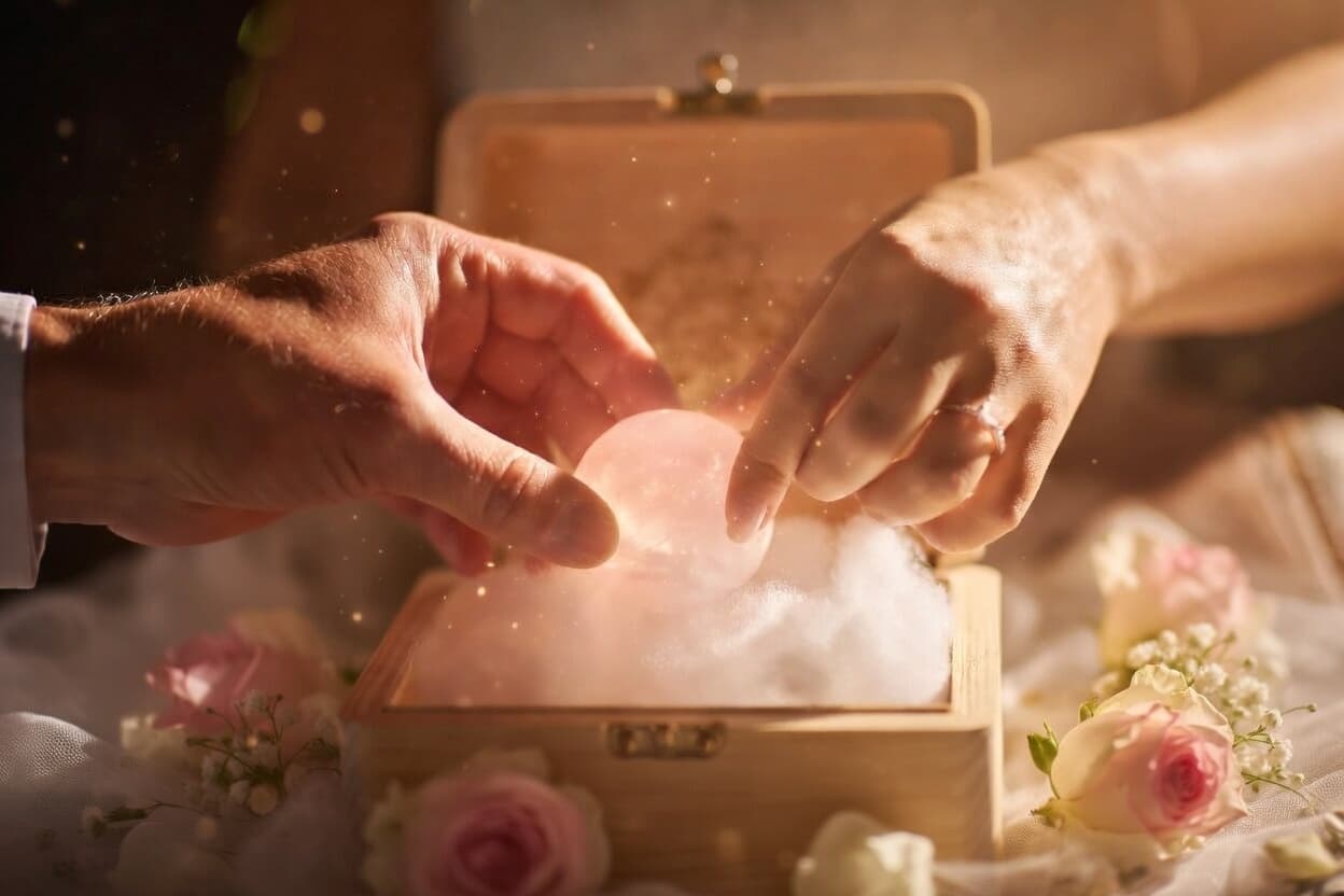 Zwei Hände halten gemeinsam die gravierte Holzbox – ein emotionaler Moment bei der Übergabe