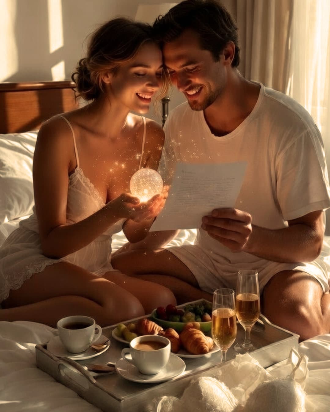 Paar am Morgen danach im Hotelzimmer mit Sekt und der Magie der Momente Box