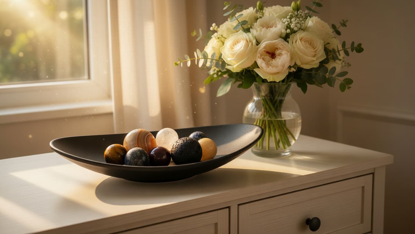 Momenteschale mit Murmel und Blumenvase im warmen Licht