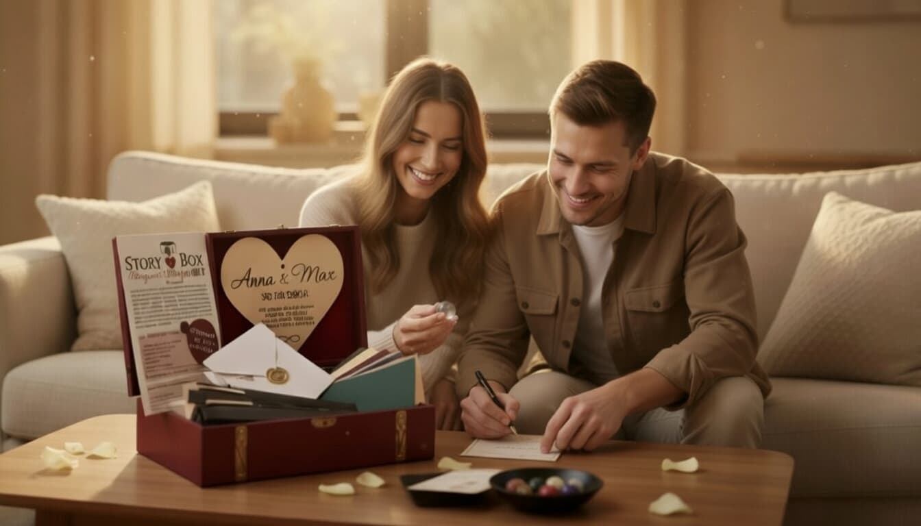 Paar am Wohnzimmertisch mit der Magie der Momente Box