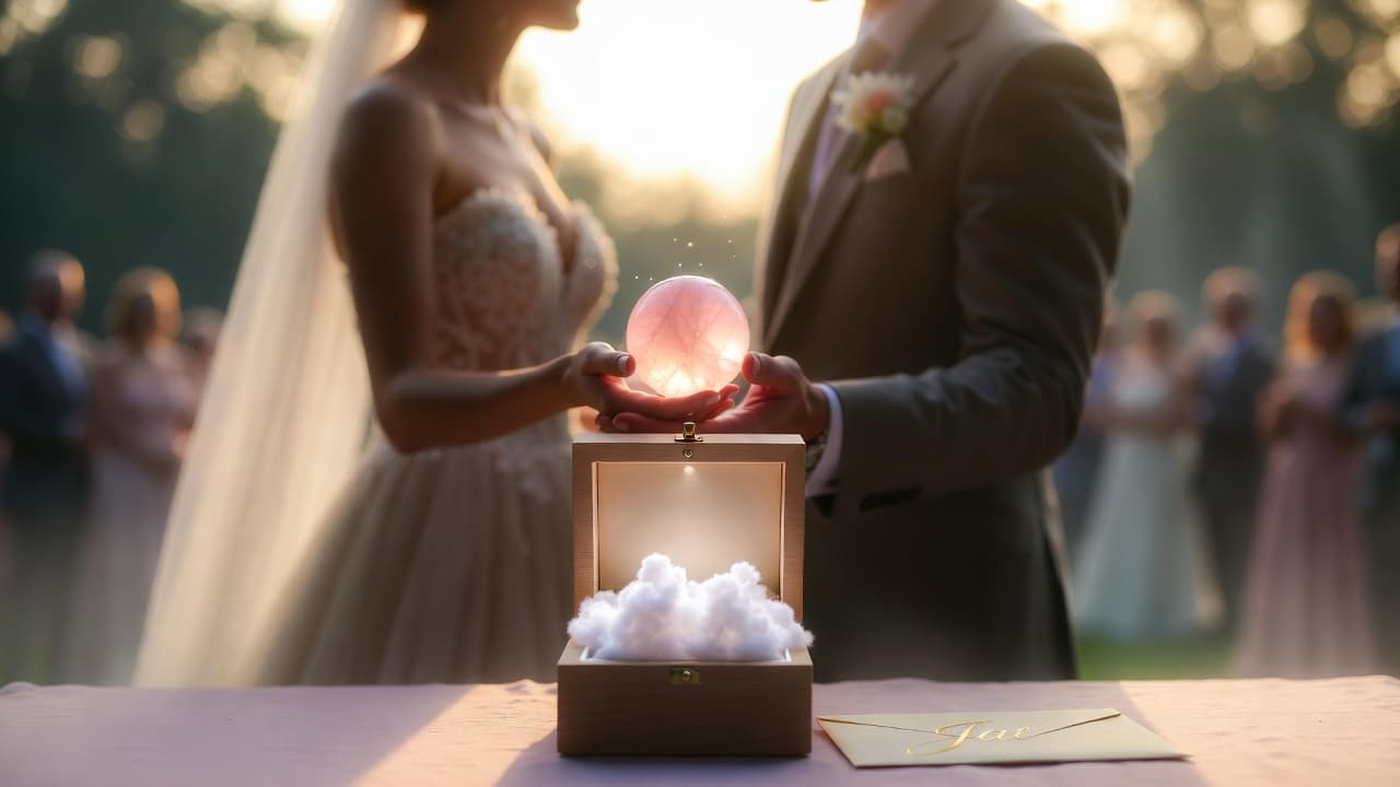 Trauredner präsentiert die Momentemurmel-Box bei einer emotionalen Outdoor-Trauung