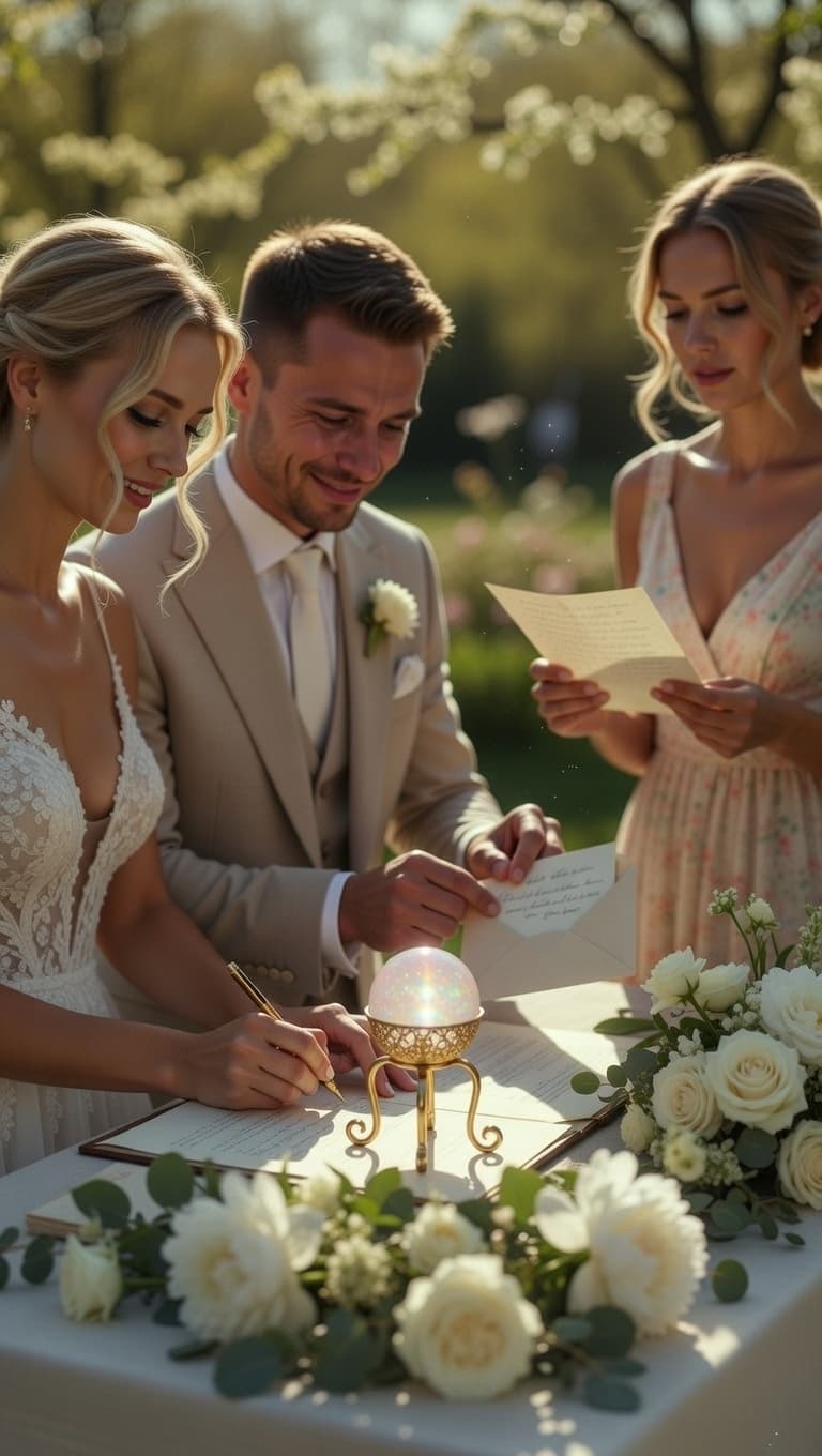 Hochzeitspaar mit Trauredner bei einer emotionalen Outdoor-Trauung