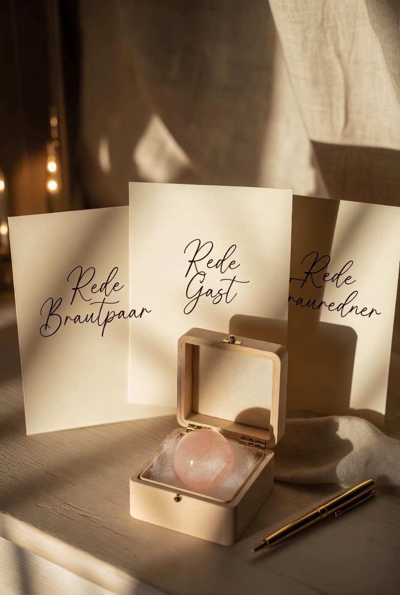 Drei Rede-Vorlagen für Brautpaar, Gast und Trauredner neben einer Momentemurmel-Box mit goldenem Stift