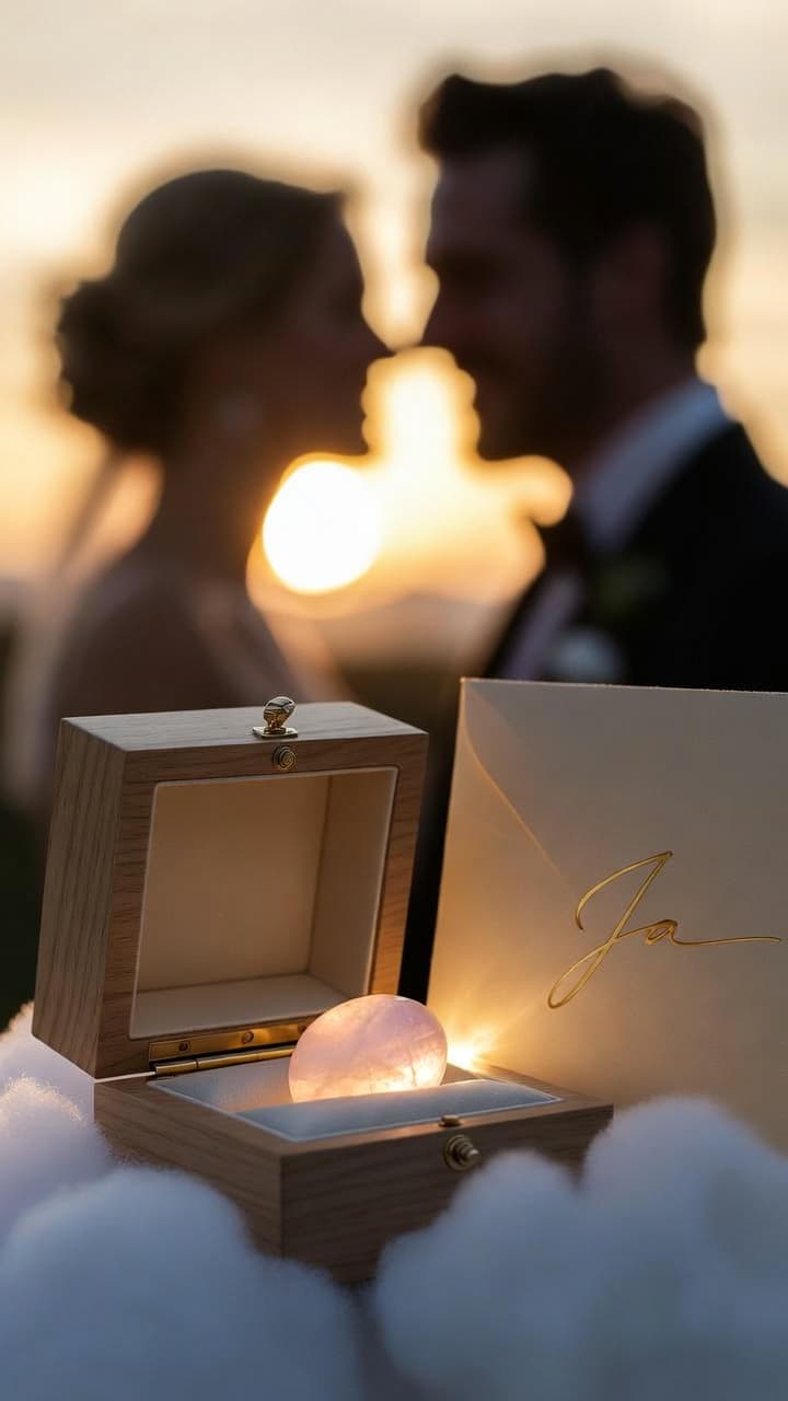 Leuchtende Momentemurmel in Holzschatulle mit Brautpaar-Silhouette im goldenen Sonnenuntergang
